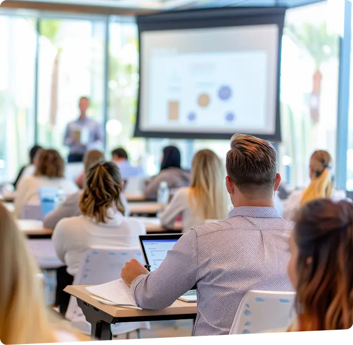 Students in a classroom with the teacher presenting